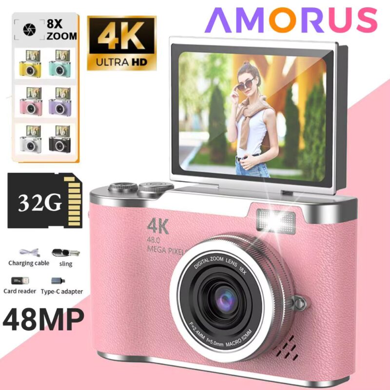 4K Digital Camera Beauty Filters 48MP HD Student CCD Camera CMOS Anti Shake 180° Flip Screen Selfie Camera for Kids Adults Gift